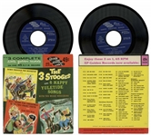 Lot of 11 Vinyl Records With Three Stooges Recordings for Children -- Circa 1960s With Curly Joe -- Plus Flyer Promoting Their Albums -- Not Played, But Albums Appear Very Good With Some Unopened